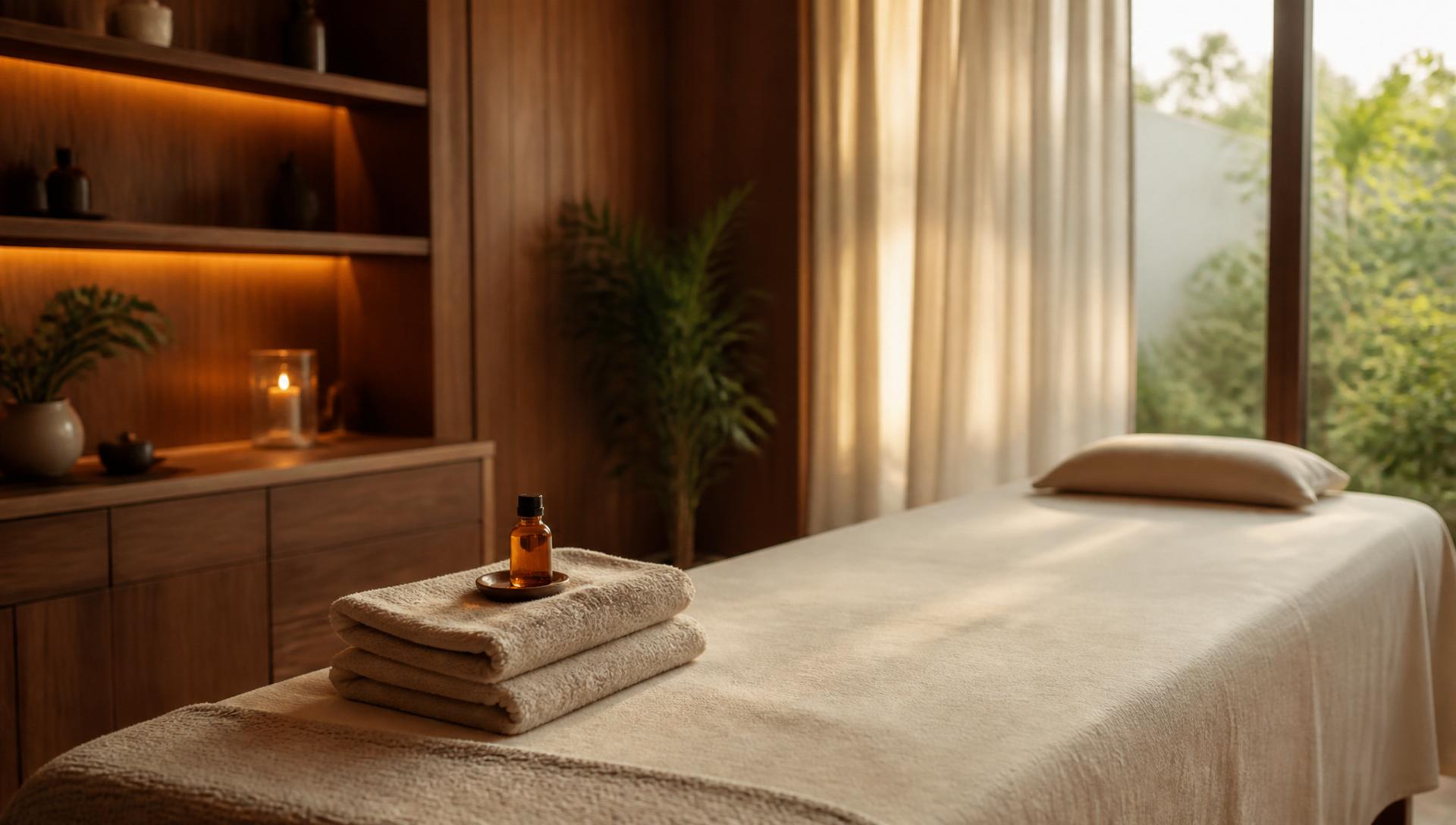 Warm timber treatment room bathed in soft golden light