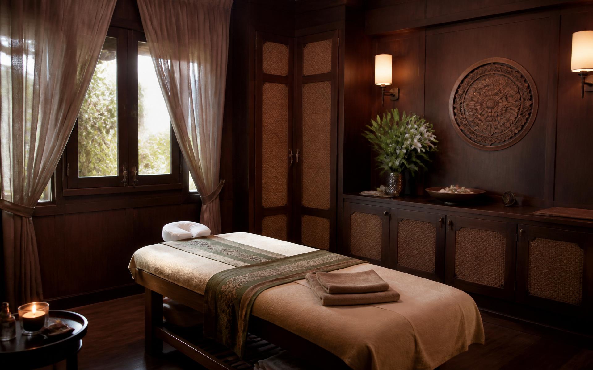 Warm timber Traditional Thai massage treatment room with soft natural light